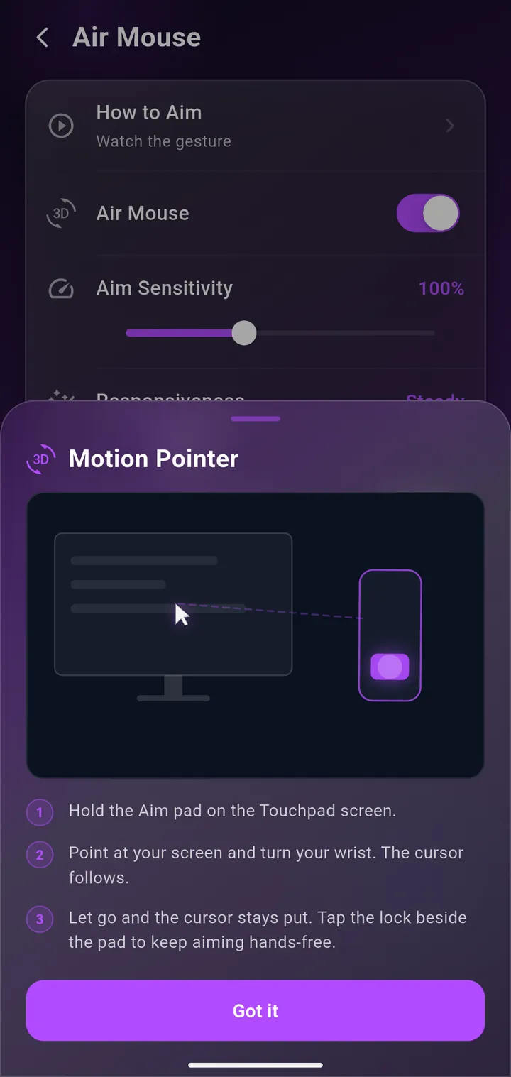 Motion Pointer guide explaining how to aim the phone at the screen