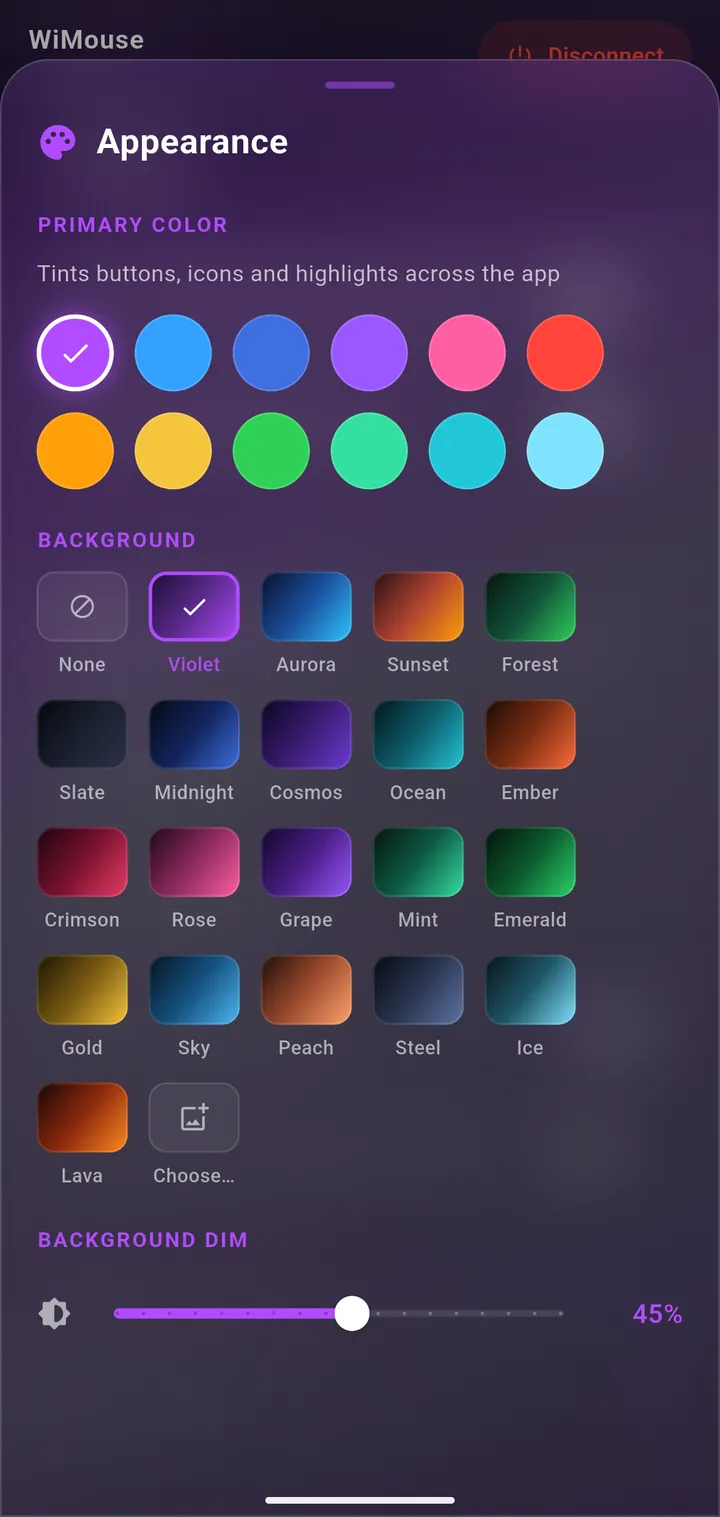 Appearance sheet with primary colour and background theme choices