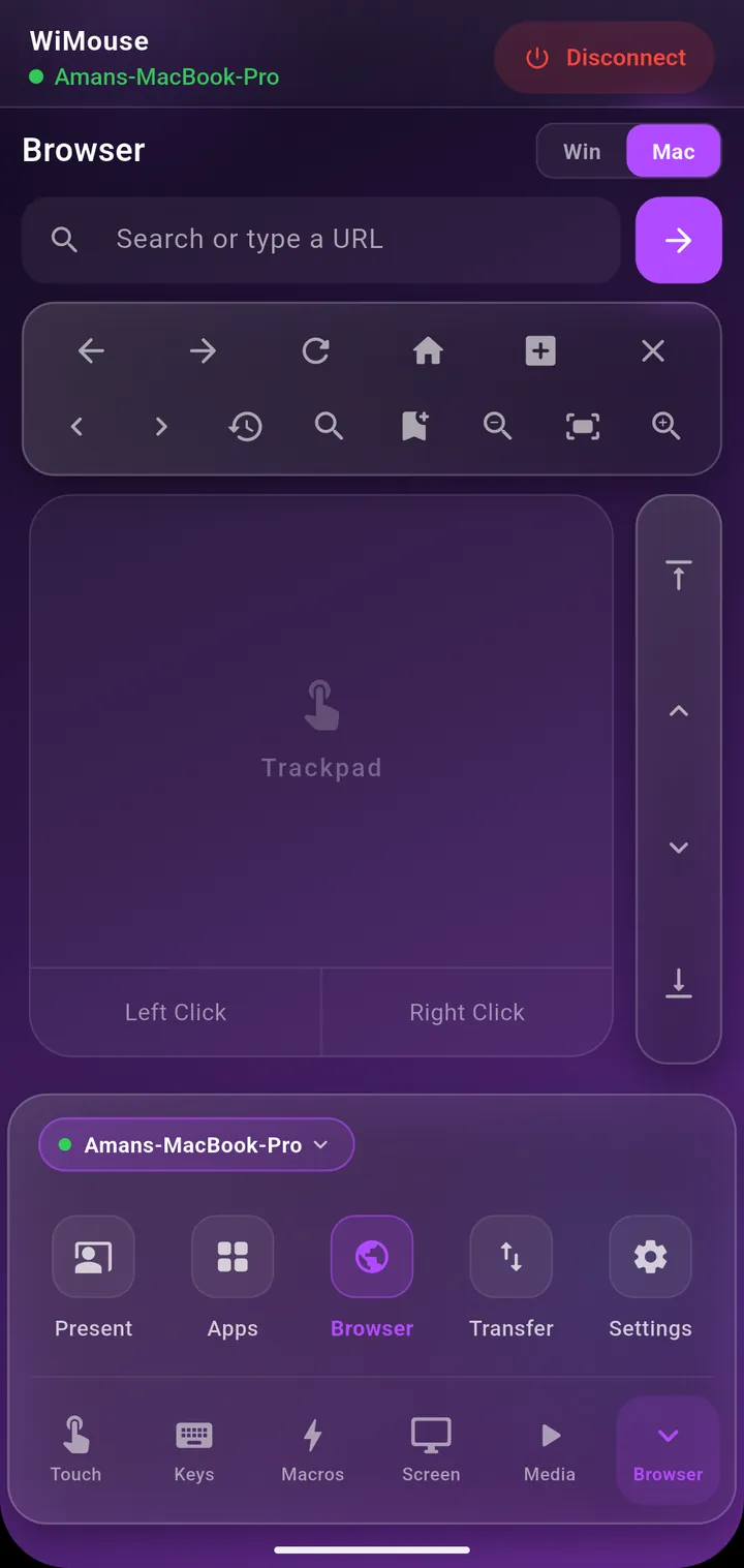 Browser remote with address bar and tab controls