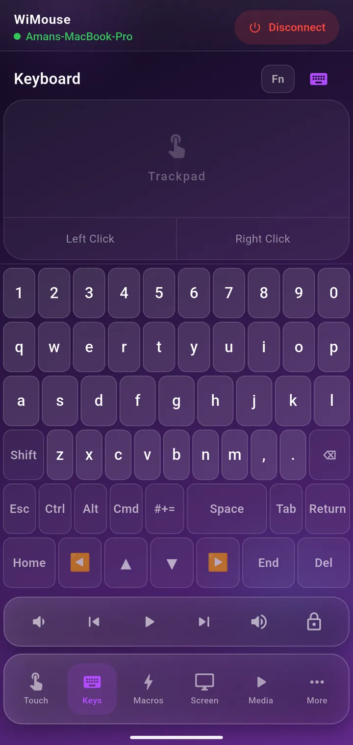 Keyboard screen with number row, modifiers and arrow keys
