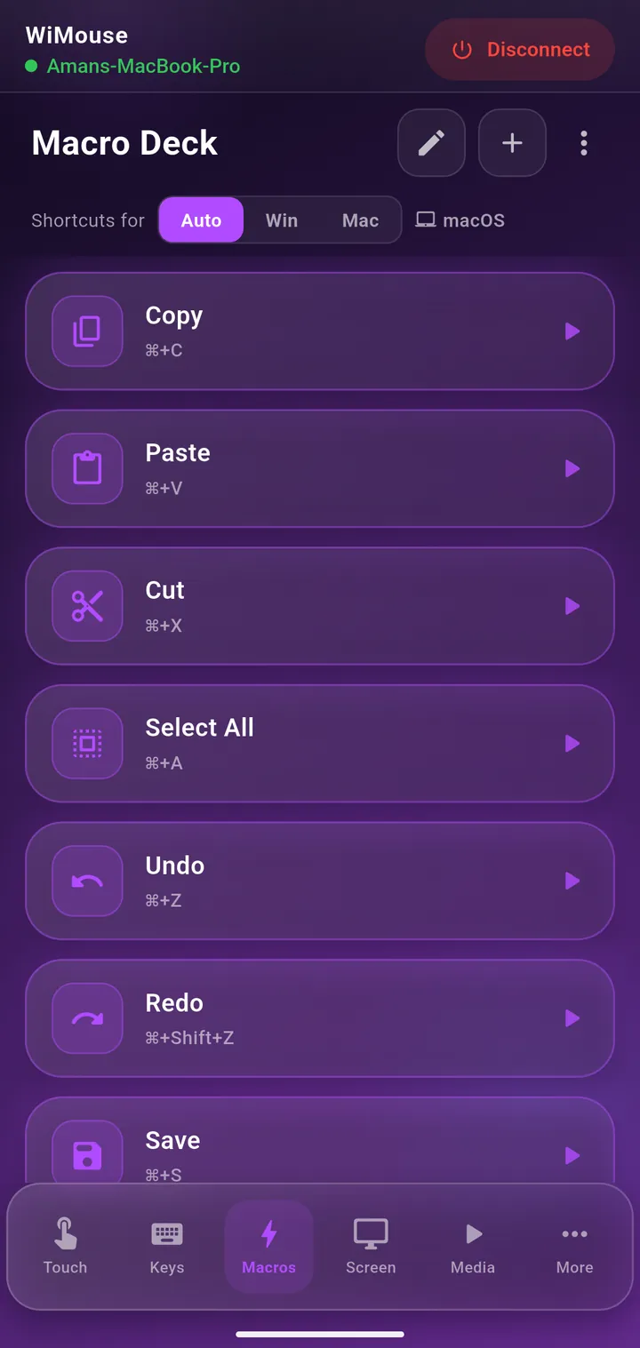 Macro Deck with shortcut buttons for copy, paste, cut and undo
