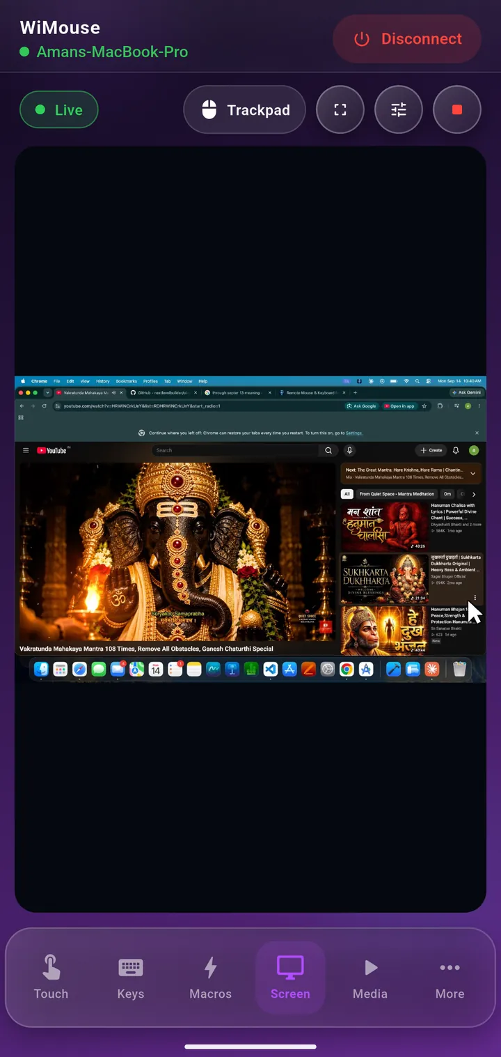 WiMouse Screen View streaming a desktop to the phone