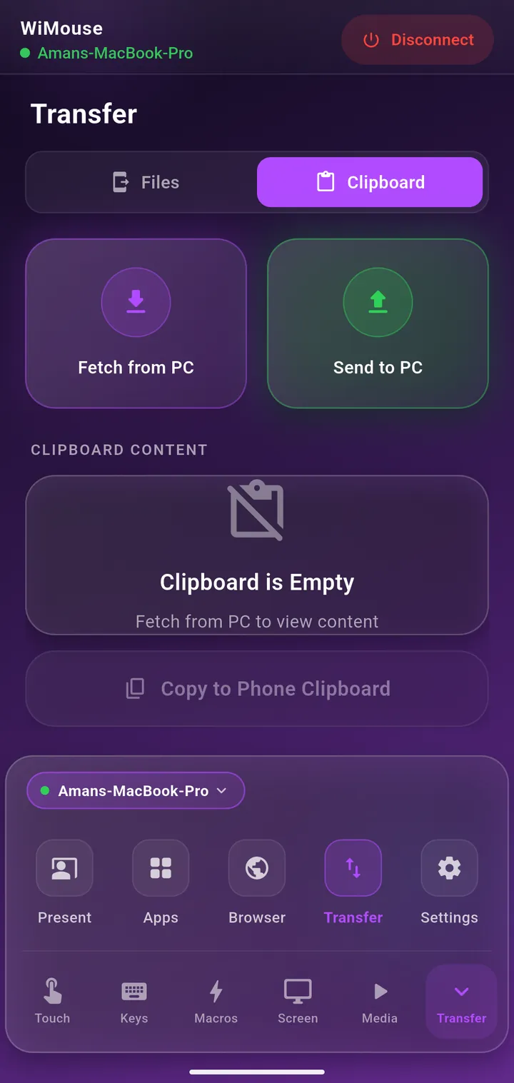 Transfer screen with Fetch from PC and Send to PC clipboard buttons