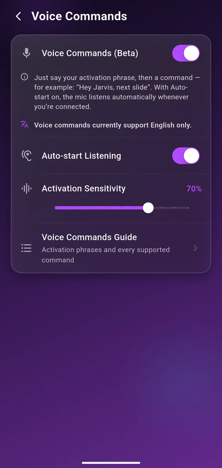 Voice Commands settings with activation phrases and sensitivity